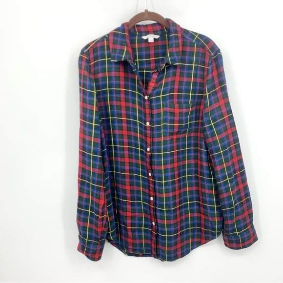 LL Bean Signature Women Size Large Shirt Button Down Top Red Green Flannel - Picture 1 of 7